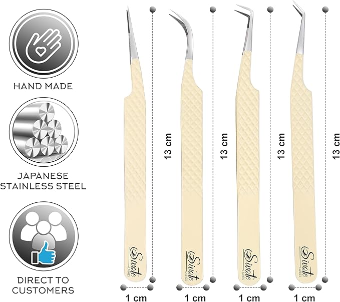 SIVOTE Fiber Tips Lash Tweezers for Eyelash Extensions, Set of 4, Curved, Dolphin, 90 Degree & 45 Degree Tweezer, Vanilla