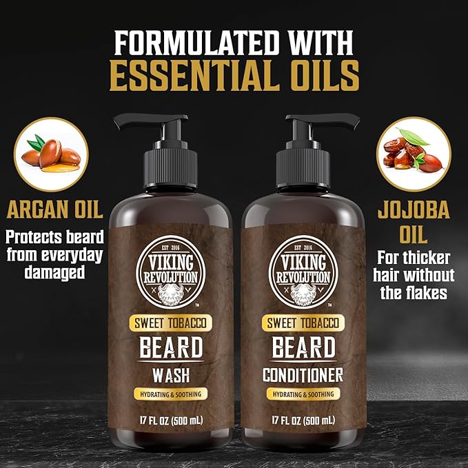Viking Revolution Beard Wash and Beard Conditioner for Men with Argan Oil and Jojoba Oil - Beard Softener and Strengthener Beard Care Beard Shampoo and Conditioner with Beard Oil (17oz, Sweet Tobacco)