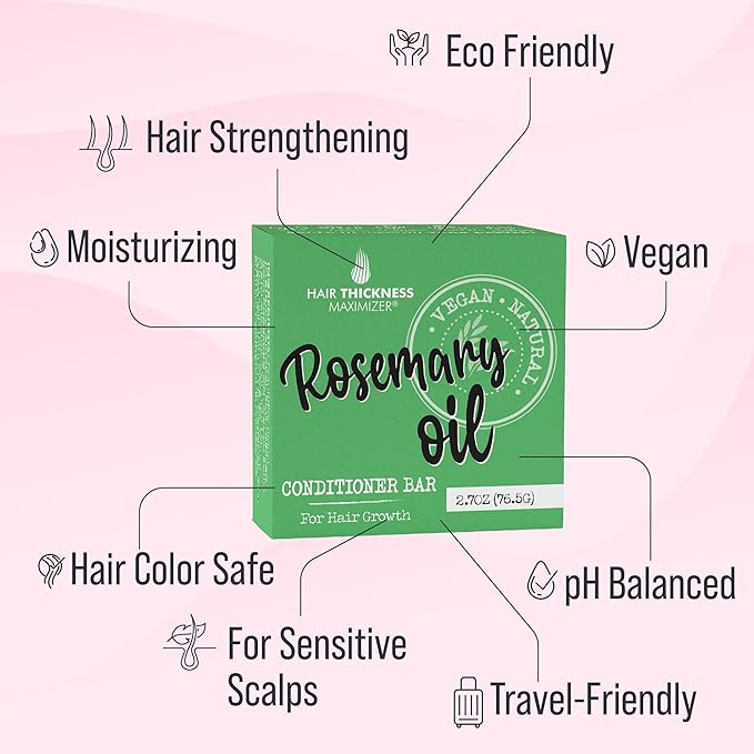 Rosemary Oil for Hair Growth Conditioner Bar. Eco Friendly, Vegan, Color Safe, pH Balanced. Solid Conditioner Bar Equal to 3 Liquid Bottles. Zero Plastic, USA Made, Strengthening & Dry Hair Relief