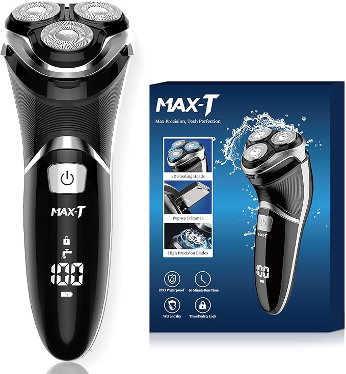 Men's Electric Shaver - MAX-T Corded and Cordless Rechargeable 3D Rotary Shaver Razor for Men with Pop-up Sideburn Trimmer Wet and Dry, IPX7 Waterproof, Plug & Play