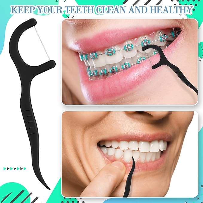 Baderke 200 Count Floss Picks Bulk Non Breakable Tooth Picks Flosser Dental Floss Sticks for Adults Teeth Cleaning Dental Flossers for Family Pack Travel (Black)