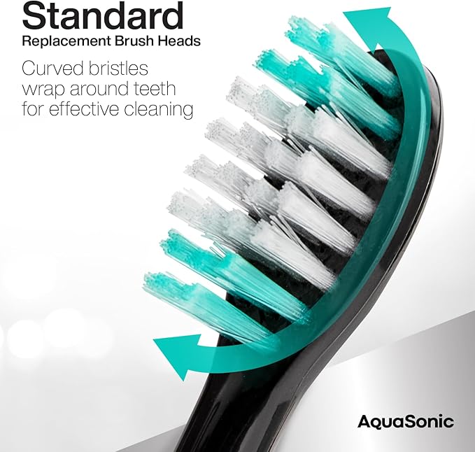AquaSonic Genuine Standard Replacement Brush Heads | ADA Accepted | for Normal & Sensitive Teeth | Compatible with Many AquaSonic Toothbrush Handles (8 Pack Black)