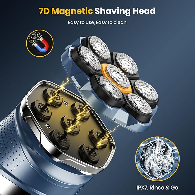 7D Head Shaver with a Travel Case, 2026 Upgraded Magnetic Head Shavers for Bald Men, IPX7 Waterproof Wet/Dry Electric Razor Men, Rechargeable Shavers for Scalp/Face/Beard/Body