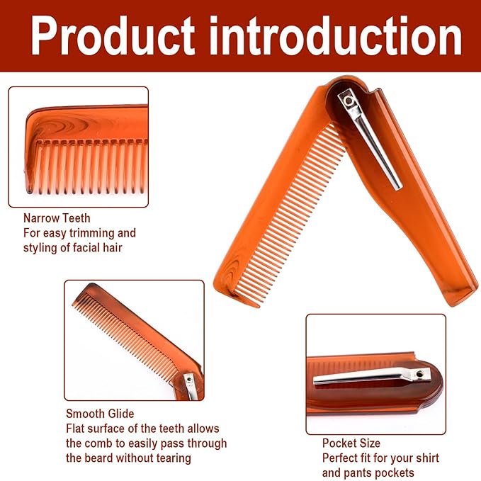 4-in-1 Folding Beard & Mustache Comb for Men, Best Pocket Folding Comb for Moustaches and Short Beards for Men Travel Fine Tooth Hair Combs for Everyday Grooming Styling