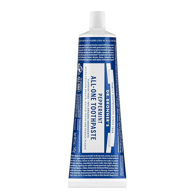 Dr. Bronner’s All-One Toothpaste – Peppermint, 5 oz, 1-Pack – Fluoride-Free Toothpaste for Adults, SLS-Free, 70% Organic & Natural Ingredients, Vegan, Helps Freshen Breath, Reduce Plaque, Whiten Teeth