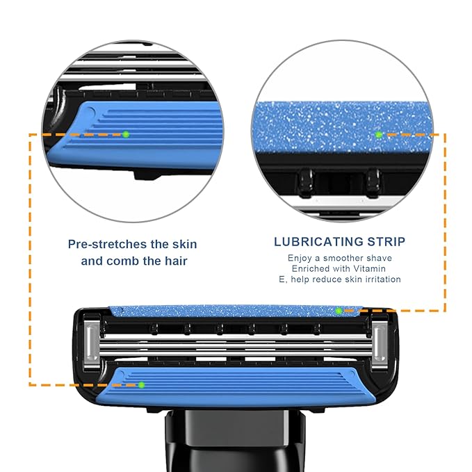 3-Blade Men Razor with Lubricating Strip & Pivoting Head - Safety Razor Blades Kit Includes 1 Handle, 4 Razor Blade Refills, Wall Hook & Cleaning Brush