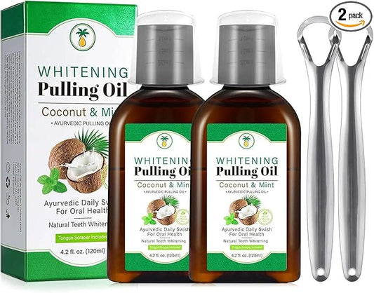 Coconut Mint Oil Pulling, 2 Pack Whitening Oil Pulling Mouthwash for Teeth and Gums with Tongue Scraper &Measuring Cup, 100% Natural& Alcohol Free Help Fresh Breath