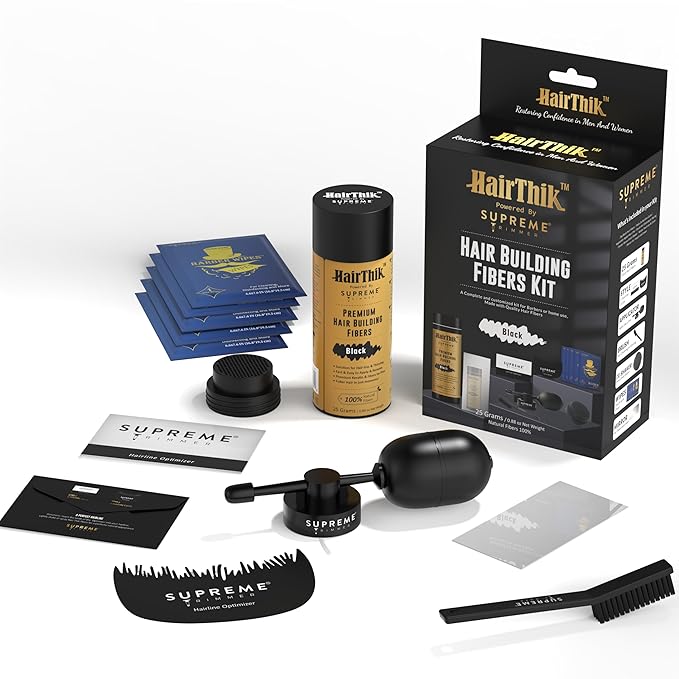 Supreme Trimmer Hair Building Fibers 8-in-1 Kit | 25G Keratin Fibers, Pump Nozzle, Hairline Cards, S&L Shaker, Brush, Wipes, Mirror | Conceal & Thicken Thinning Hair in Men & Women | Black