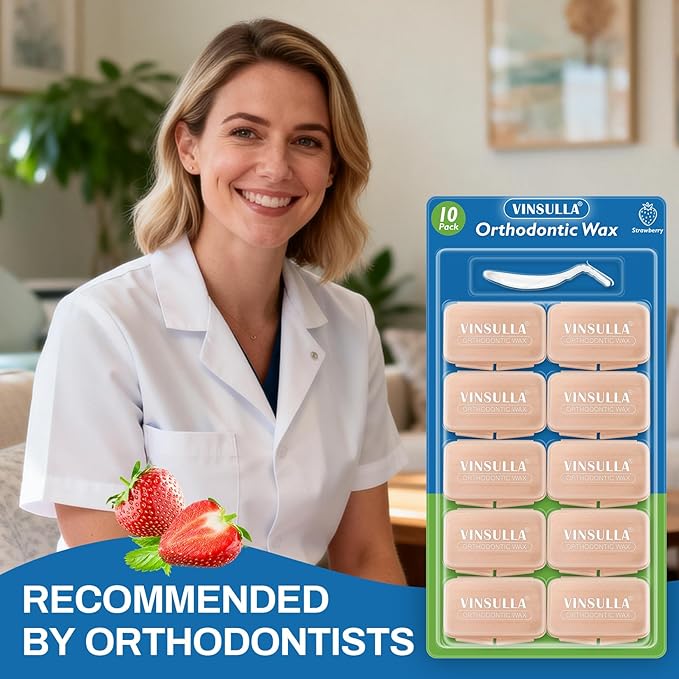 VINSULLA Orthodontic Wax for Braces - 500 Precut Dental Wax Dots Strawberry Flavor Braces Wax Strips, Safe for Kids & Adults, Wax for Dental Brackets & Aligners 10Pack