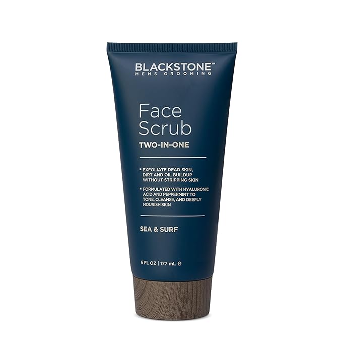 Blackstone Men's Grooming 2-in-1 Facial Scrub & Shave Gel with Hyaluronic Acid and Peppermint - Cleanse & Exfoliate | Hydrates Skin After Shaving | USA Made, Sea & Surf (6 Fl Oz)