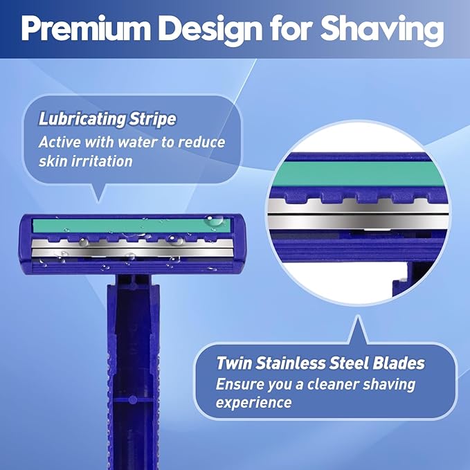 Twin Blade Disposable Razors for Men & Women – Bulk 135 Pack Stainless Steel Shavers with Lubricating Strip, Safety Cap & Non-Slip Handle for Sensitive Skin, Travel, Hotel, Charity – Blue