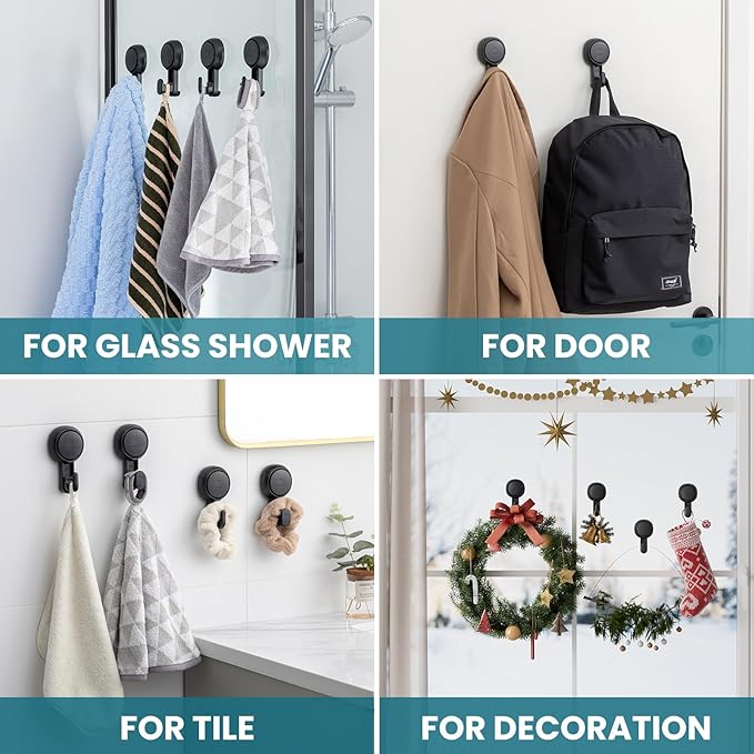 TAILI 4 Pack 360° Rotatable Powerful Suction Cup Shower Hooks for Towel, Loofah, Damage-free Hanging Versatile Wall Hooks for Inside Bathroom, Decoration, Removable Suction Holders, Easy to Use, Black