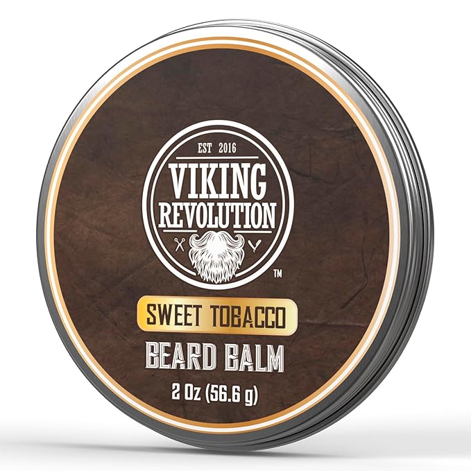Viking Revolution Sweet Tobacco Beard Balm - Tobacco Scented Beard Butter with Argan Oil & Jojoba Oil - Softens and Moisturizes Beards for Men (2oz, 1 Pack)