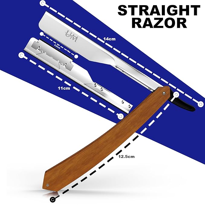 UM Supplies Straight Razors for Men – Professional Barber Straight Edge Razor Kit with 10 Replaceable Insert Single Edge Blades - Navajas Para Barbero (Wooden Straight Handle)