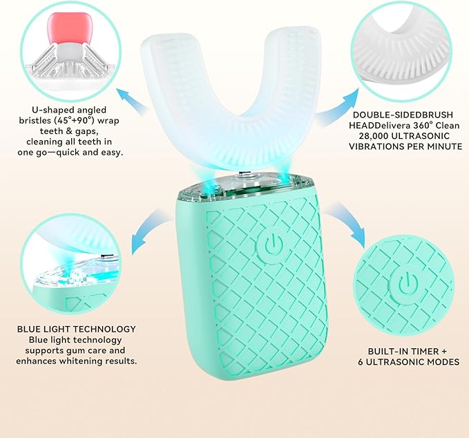 Adult Sonic Automatic Electric Toothbrush, 360° Oral Cleaning Stain Whitening, IPX7 Waterproof Rechargeable, u-Shape Brush Head*3+Straight Handle Brush Head*2 (Green)