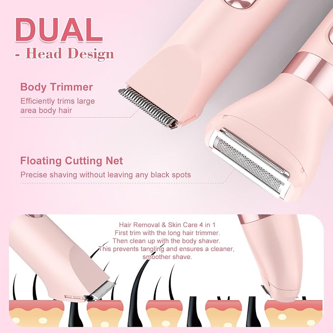 Hatteker 4-in-1 Women's Electric Razor, Dual-Head Body Hair Trimmer for Women, IPX7 Waterproof Rechargeable Bikini Trimmer & Facial Hair Remover for Legs, Armpits, Face, Nose, Eyebrows, Pink