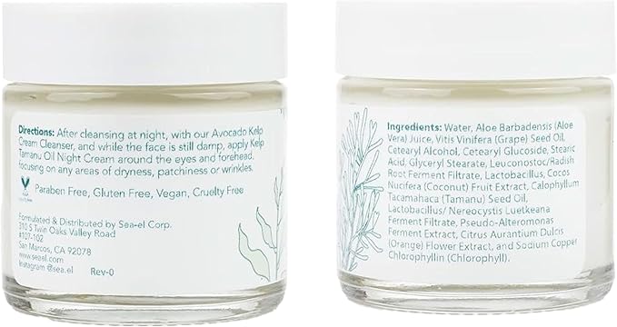 Sea-El Kelp Tamanu Oil Night Cream Hydrating Face Moisturizer Reparative Skin Softening Skincare - Nighttime Anti Aging Facial Lotion for Women & Men - 1 Oz
