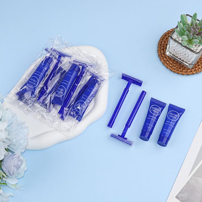Disposable Razor Shaving Cream Set, Individually Wrapped Manual Twin Blade Shaving Razors in Bulk with Mini Smooth Shaving Cream Toiletries for Hotel Charity Camping Travel Homeless 0.34oz (10 Pack)