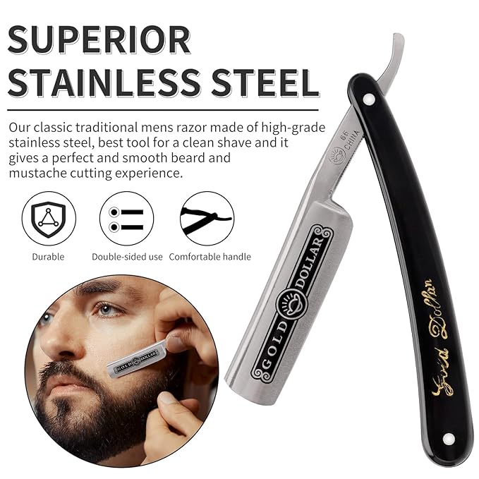 Straight Razor, Straight Edge Razor for Man Stainless Steel Manual Straight Razor, Natural Wood Scale Vintage Razor Barber Razor Men's Straight Shaving Razors (Gold Dollar-66)