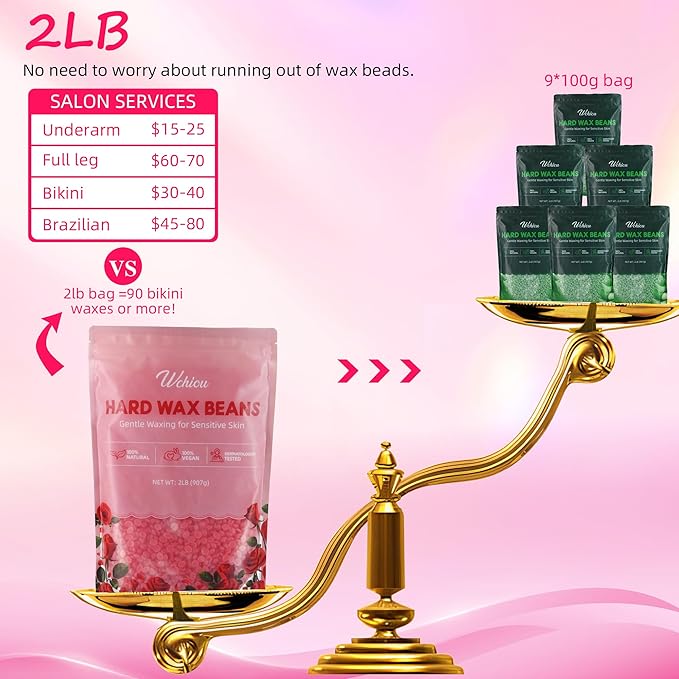 Hard Wax Beads, 2lb Sensitive Skin with Rose Formula, For Face Eyebrow Leg Bikini Waxing, Coarse Body Hair Specific