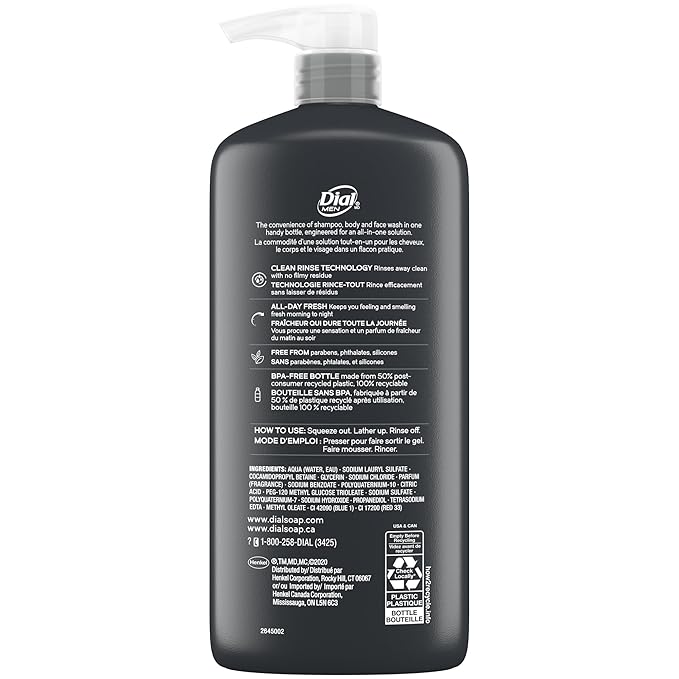 Dial Men 3 in 1 Body,Hair and Face Wash,Refresh,16 Fl Oz,Cleanses Deep + Gentle on Skin with Clean Rinse Technology,(Pack of 6)