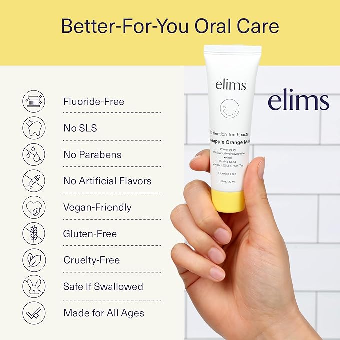 ELIMS Travel Size 10% Nano-Hydroxyapatite Toothpaste Fluoride Free - Xylitol Remineralizing Toothpaste for Whitening Sensitive Teeth - Orange Pineapple Mint Toothpaste for Adults & Kids 1oz