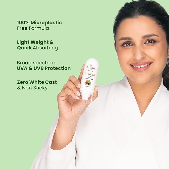 La Pink Vitamin C Sunscreen For Men and Women | SPF 50 PA++++ UVA + UVB, Hydration & Moisturization 100% Microplastic Free Formulation | Non Greasy | Zero White Cast | 50gm