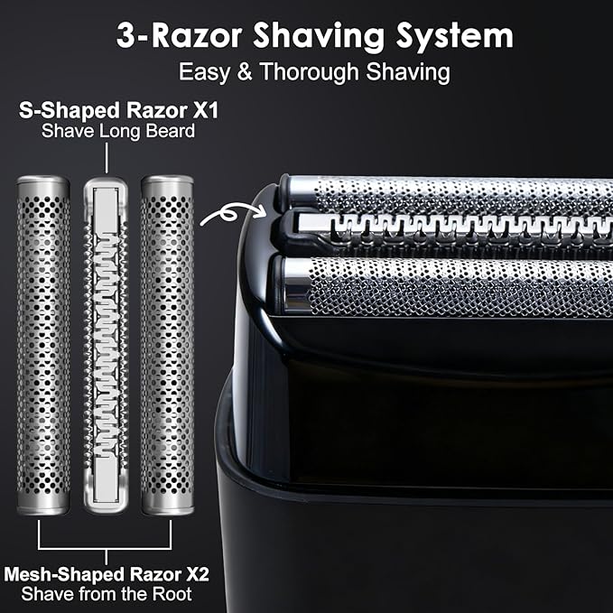 Men's 2-in-1 Rechargeable Foil Shaver & Hair Clipper, Beard & Sideburn Grooming Trimmer, 3 Floating Blades Electric Razor, 7200RPM High-Speed Motor, IPX7 Waterproof, Travel-Friendly