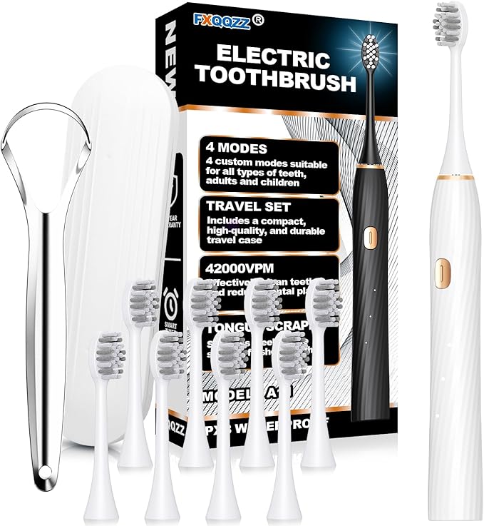FXQQZZ Electric Toothbrush for Adults and Kids, with Tongue Scraper and Travel Case, 8 Brush Head, Smart Timer & 4 Modes Rechargeable Toothbrush, 42000 VPM Deep Clean, One Charge Last 90 Days - White