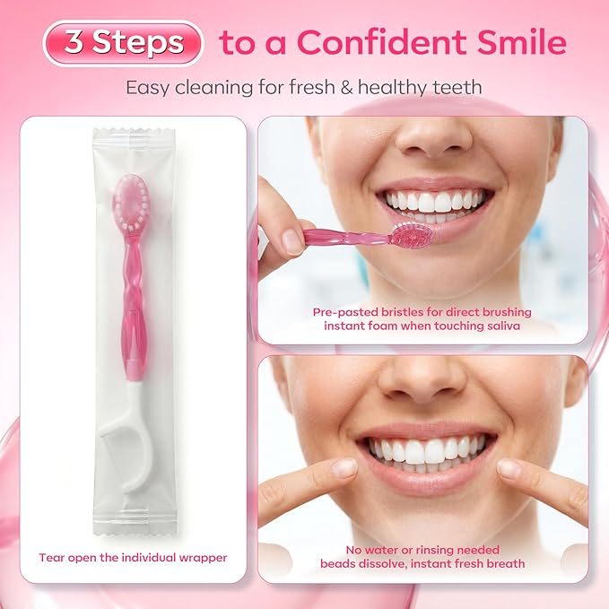 FAMILIFE Travel Toothbrush - 5 in 1 Mini Disposable Toothbrush with Toothpaste, Floss Picks & Tongue Scraper, Individually Wrapped Prepasted Brush for Weekend, Business Trip & Camping (Peach, 24pcs)