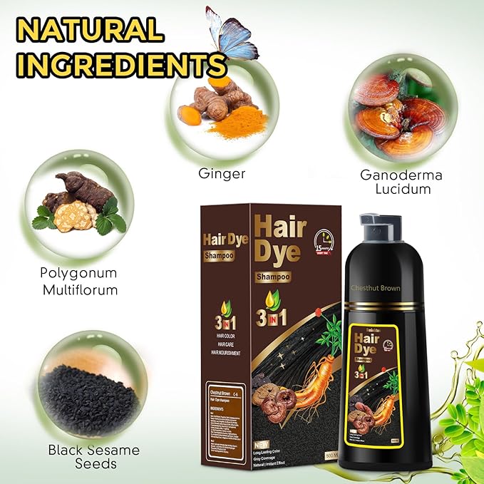Hair Dye Shampoo 3 in 1 for Gray Hair, Herbal Ingredients Natural Shampoo Hair Dye for Women Men (Chestnut Brown)