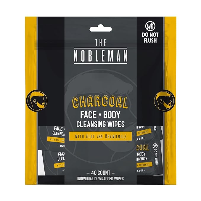 The Nobleman Charcoal Face + Body Cleansing Wipes, 40 Ct. Individually Wrapped – With Aloe & Chamomile for Oil Control, Hydration & Refreshing On-the-Go Clean