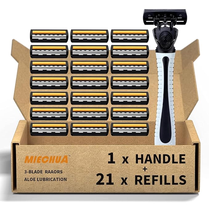 3-Blade Razor,Plastic Anti-slip Men Manual Refill Cartridges razors, Reusable Face Cleansing Care Tool, Shave Supplies for Men and Women - 21 Cartridges refill - Black