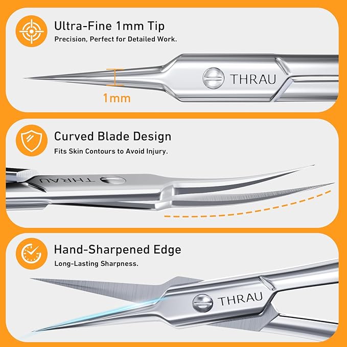 THRAU Cuticle Scissors Extra Fine for Manicure and Pedicure, Curved Blade Nail Scissors, Precise Pointed Tip Grooming Kit for Eyebrow, Eyelash, Trim Nail and Dry Skin, Small Scissors