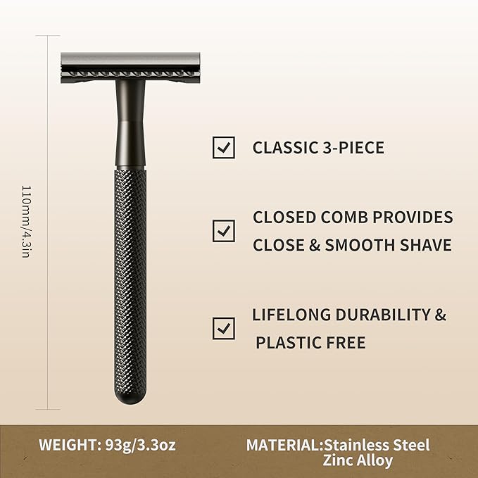 Gearhub Double Edge Safety Razor Stainless Steel Metal Reusable Wet Shaving Razor with 10 Swedish Platinum Blades for Men Women Barber Bikini Armpit Hair, Matte Black GRB3G