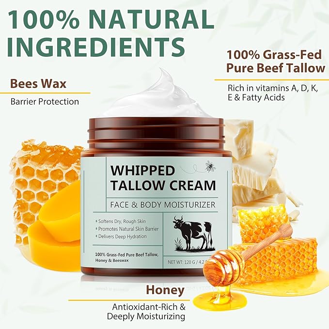 WHLH & WELL-BEING Beef Tallow for Skin, Beef Tallow and Honey Balm, All-Natural Ingredient Moisturizer for Face & Body Skin Care 1Pack