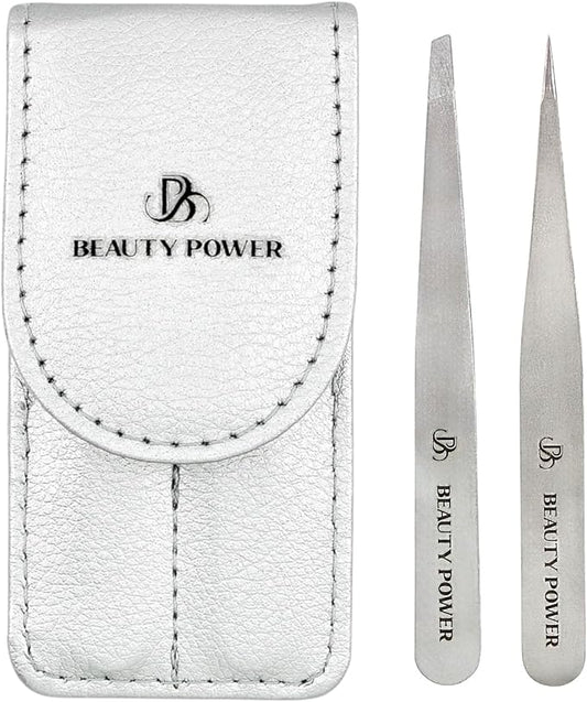 Professional Tweezers Set – Slant & Point, Ultra Precision German Stainless Steel Tweezers for Eyebrows, Chin, Ingrown Hair & Facial Grooming – Lightweight with Travel Case (Matte Grey)