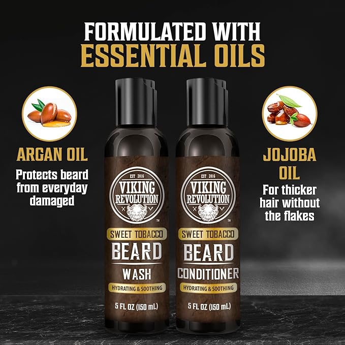 Viking Revolution Beard Wash and Beard Conditioner for Men with Argan Oil and Jojoba Oil - Beard Softener and Strengthener Beard Care Beard Shampoo and Conditioner with Beard Oil (5oz, Sweet Tobacco)