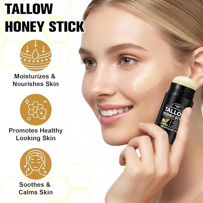 Beef Tallow for Skin, Organic Beef Tallow Balm Stick, 100% Grass-Fed Honey & Beeswax, Deep Hydration For Dry & Aging Skin, Natural Barrier, Nourishing Moisturizer, 2.6oz