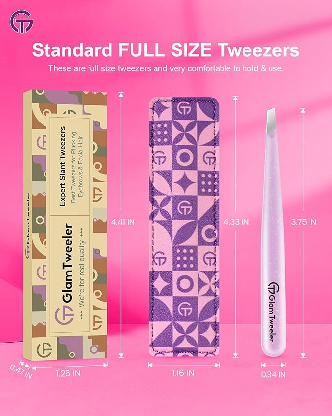 Expert Eyebrow Hair Removal Tweezer with Leather Case, GlamTweeler High Precision Slant Tip Stainless Steel Tweezers for Men and Women (Sparkle Baby Pink)