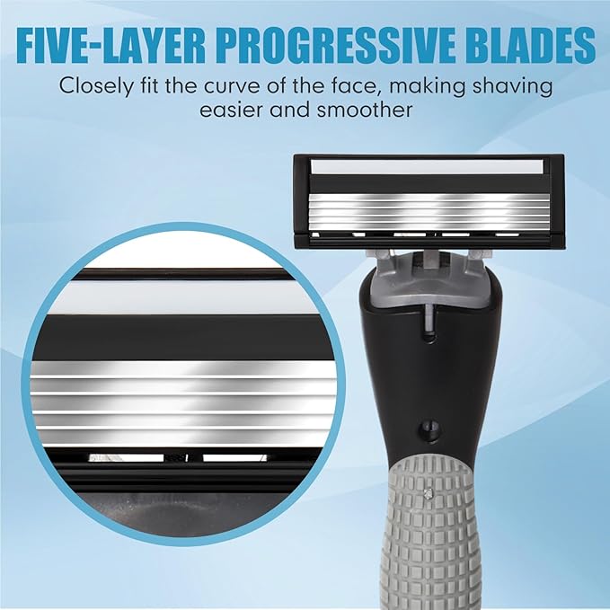 9 Pcs Refillable Men's Razors Kit Holiday Shaving Kit 5 Blade Disposable Sensitive Skin Razor for a Comfortable Shave, 1 Handles and 8 Cartridges