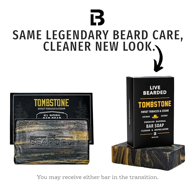 Live Bearded All-Natural Bar Soap for Men, 6-Pack of 5 oz - Made in the USA - Exfoliates and Moisturizes - Charcoal, Pumice, Shea Butter | Tombstone Scent - Sweet Tobacco, Cedar