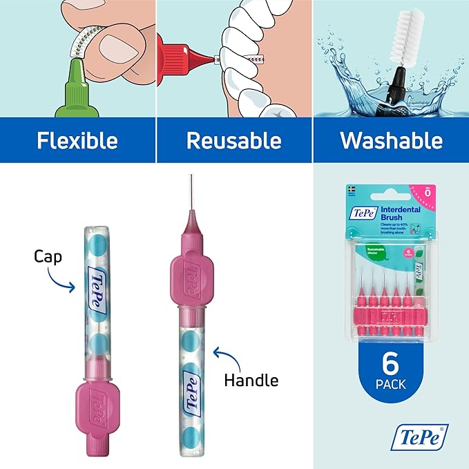 TePe Interdental Brush Original, Soft Dental Brush for Teeth Cleaning, Pack of 6, 0.40 mm, Extra-Small/Small Gaps, Pink, Size 0