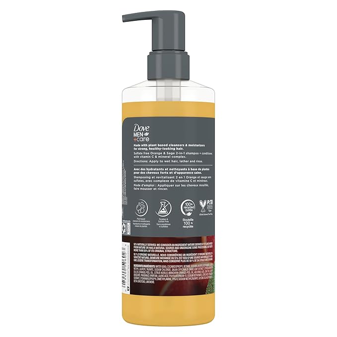 DOVE MEN + CARE 2-in-1 Shampoo + Conditioner Pure Fresh Orange & Sage for Strong, Healthy-Looking Hair, with Vitamin C & Mineral Complex, 17.5 oz