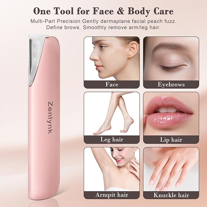 Vibration-Assisted Manual Dermaplane Razor for Women Face, Zenlynk Facial Exfoliator & Peach Fuzz Trimmer with 3 Vibration Modes, LED Light, 5 Replacement Blades & Exfoliating Scrubber, Pink