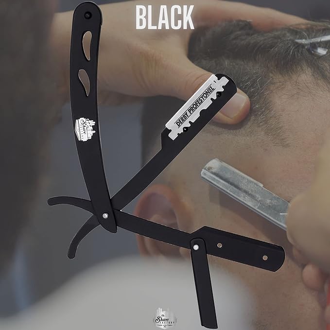 the shave factory Straight Edge Razor Kit - with Single | Stainless Steel razors for men from (Black / 200 Derby Premium Blades)