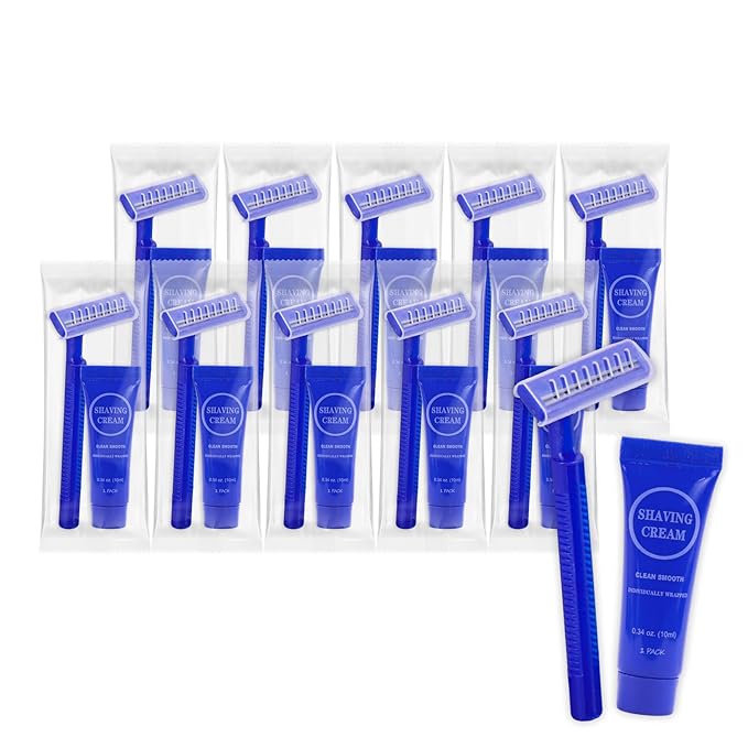 Disposable Razor Shaving Cream Set, Individually Wrapped Manual Twin Blade Shaving Razors in Bulk with Mini Smooth Shaving Cream Toiletries for Hotel Charity Camping Travel Homeless 0.34oz (10 Pack)