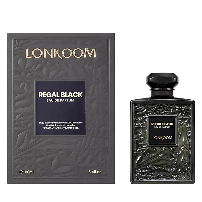 LONKOOM Regal Black Perfume for Men, Woody Spicy Eau De Parfum Spray Long-Lasting Fragrance Cologne 3.4 Fl Oz/100ml, Notes of Frankincense Black Pepper Bergamot Vetiver Papyrus Sandalwood Rose Saffron