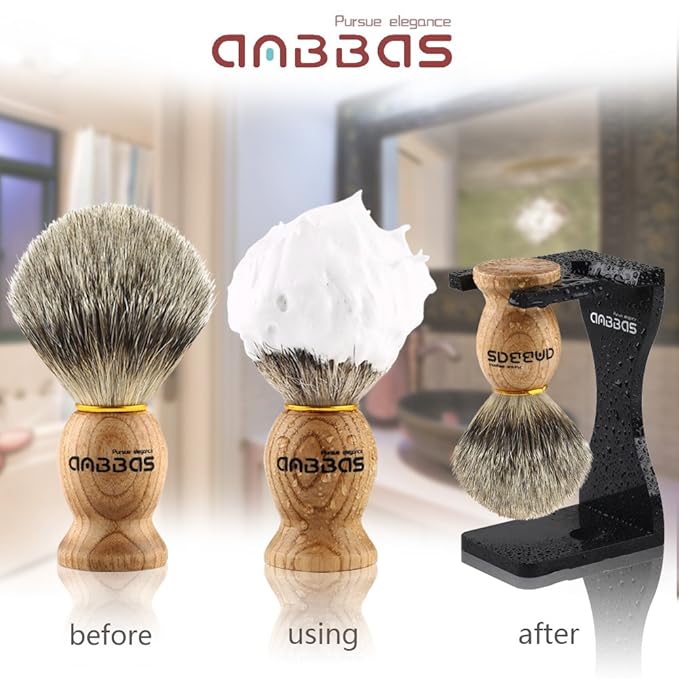 Anbbas Pure Badger Shaving Brush with Wood Handle and Shaving Bowl 2 Layers Stainless Steel,Black Acrylic Thicken Shaving Stand for DE Razor