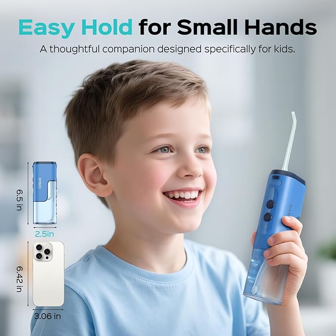 COSLUS Portable Water Flosser for Kids: 4 Gentle Modes for Ages 6+, Braces & Sensitive Teeth - with Fun DIY Stickers, 4 Storable Nozzles, Mini Compact for Home School & Travel Use, BPA-Free, Blue
